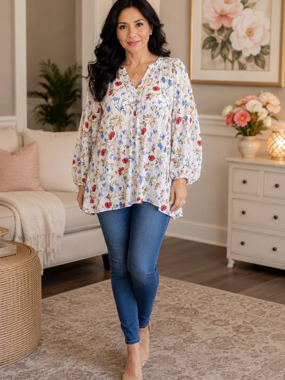 St. John's Bay White Floral V-Neck Peasant Blouse